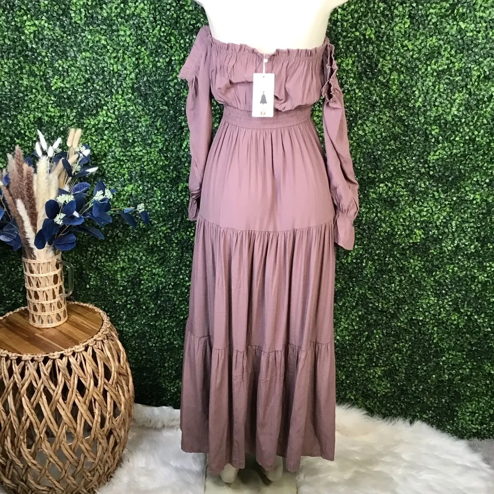 Nwt brown Off-Shoulder Maxi Dress cottage core‎ whimsical - Picture 9 of 15